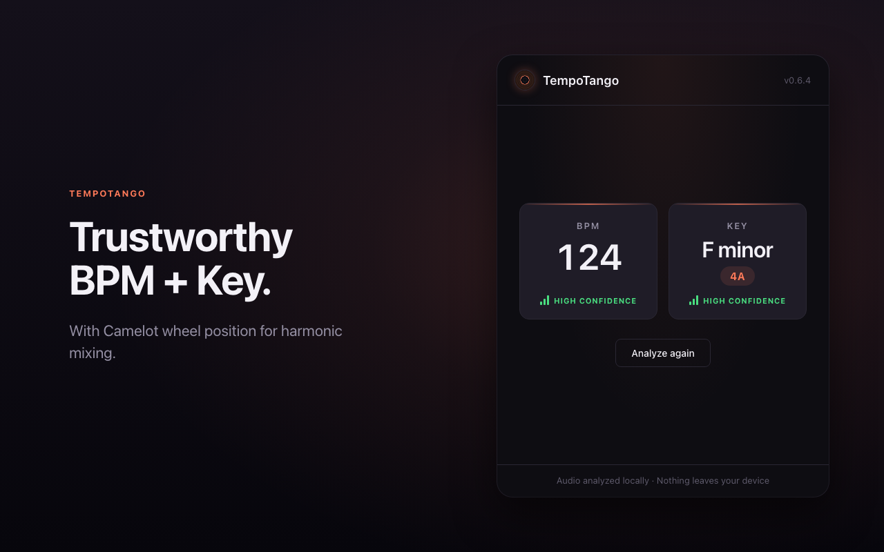TempoTango popup showing a track's BPM and musical key