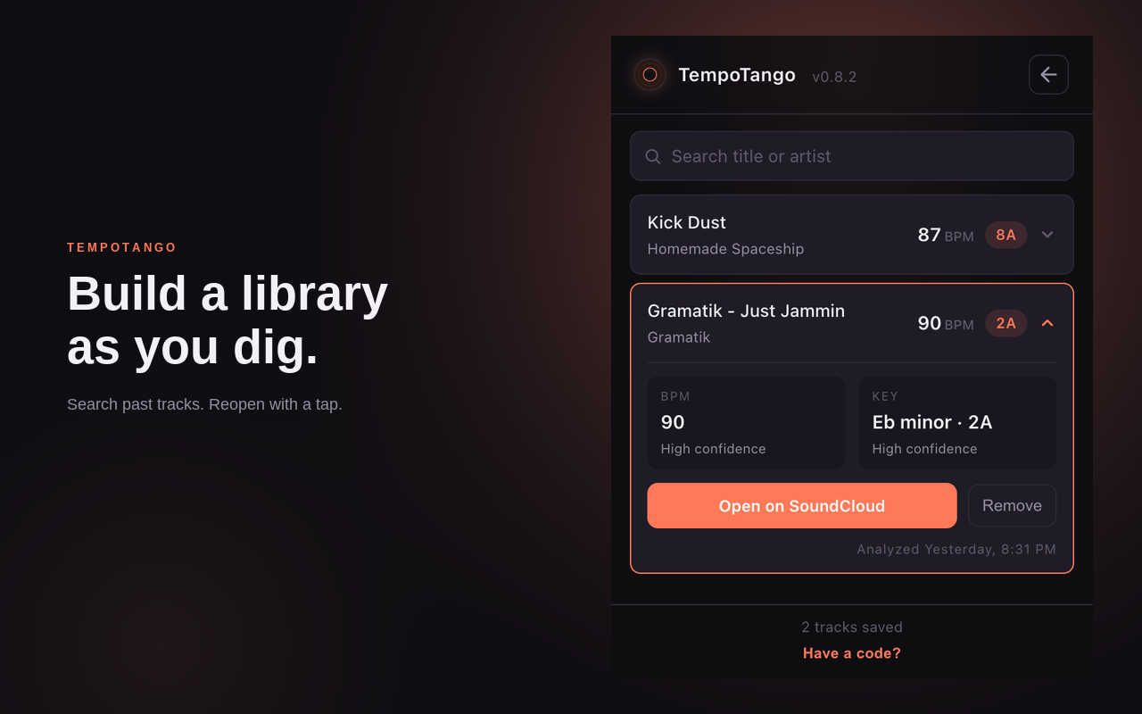 TempoTango library view showing saved tracks with BPM and Camelot, search box, and an Open on SoundCloud button